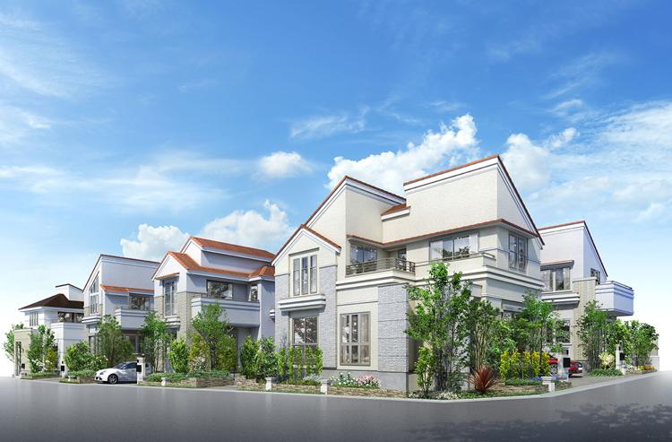 Chalk of the residence shine in blue sky site area of 100 sq m or more, Ensure the room of up to 120 sq m more than. Arranged such as "Pinkamajoru", "Kalmia" "daphne" in planting continuing around, Create a new landscape to become the city (streets Rendering)