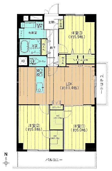 Floor plan. 3LDK, Price 29,900,000 yen, Occupied area 71.72 sq m , Balcony area 11.48 sq m