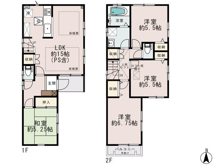 Floor plan. (1 Building), Price 47,800,000 yen, 4LDK, Land area 84.39 sq m , Building area 91.33 sq m
