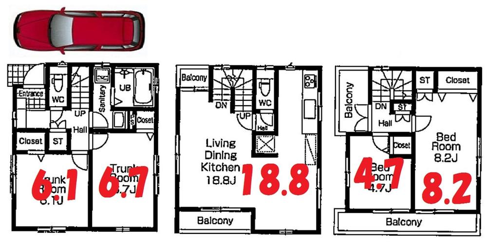 Floor plan. (Building 2), Price 46,800,000 yen, 4LDK, Land area 75.01 sq m , Building area 105.15 sq m