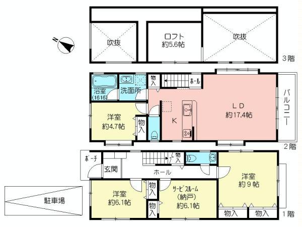 Floor plan. (A Building), Price 60,800,000 yen, 3LDK+S, Land area 108.63 sq m , Building area 104.08 sq m