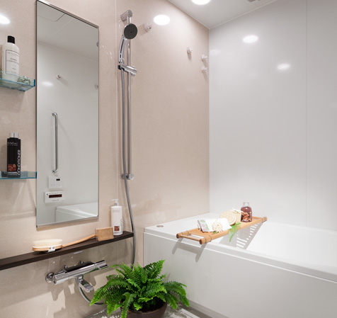 Bathing-wash room.  [Bathroom] In consideration towards and ease of use of small children of our elderly, Tub adopt a low-floor type with reduced height straddle.