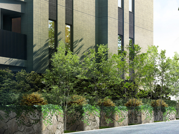 Shared facilities.  [Promenade Rendering CG] And lined with stone walls of Nozura loading the shaded promenade leading to the building to place the Takagi from Fujimidai Station, Produce a "connection" to the entrance.