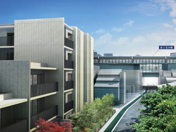 Building structure. While located in the proximity of the station 3-minute walk, Calm residential area. To high-quality exterior wall tile of earth color, Unique design that incorporates a grid and glass handrail will attract the eye (Rendering)