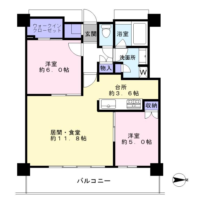Floor plan. 2LDK, Price 49,800,000 yen, Occupied area 61.87 sq m , Balcony area 13.77 sq m