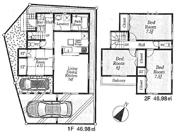 Floor plan. (1 Building), Price 49,800,000 yen, 4LDK, Land area 97.98 sq m , Building area 93.96 sq m