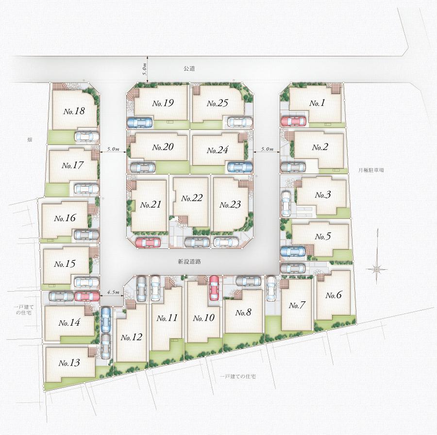 The entire compartment Figure. The entire city block diagram: Focusing on the development road of new construction has been width 5m, 23 House with a sophisticated design design. The welcome gate wall of rich planting and brickwork was placed at the entrance of the Town, Creating a beautiful cityscape.