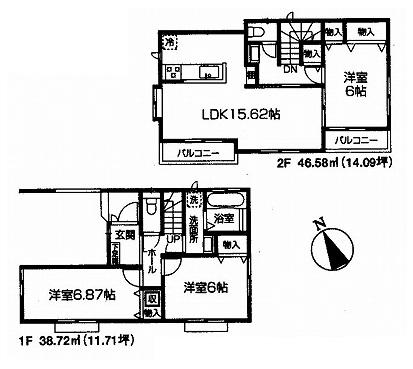 Floor plan. (Building 2), Price 47,500,000 yen, 3LDK, Land area 88.55 sq m , Building area 85.3 sq m
