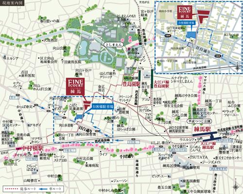 Local guide map. Living environment surrounded by deep green, 3 Blessed with station 4 lines available convenience and variety of commercial facilities, The same properties that the living-friendliness can enjoy. And natural moisture, The convenience of the city is well-balanced fusion, Draw a comfortable new life of the family (local guide map)