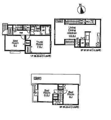 Floor plan. (3 Building), Price 44,800,000 yen, 4LDK, Land area 80.02 sq m , Building area 101.42 sq m