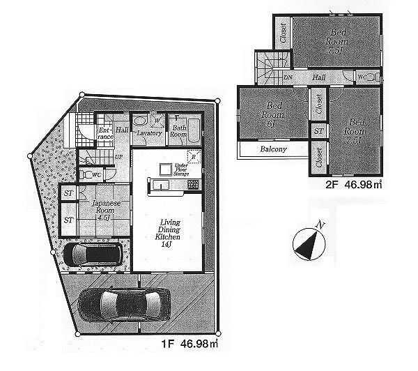 Floor plan. (1 Building), Price 49,800,000 yen, 4LDK, Land area 97.98 sq m , Building area 93.96 sq m