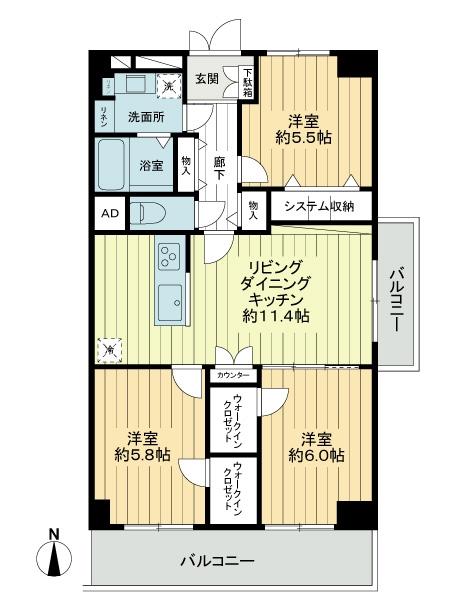 Floor plan. 3LDK, Price 29,900,000 yen, Occupied area 71.72 sq m , Balcony area 11.48 sq m