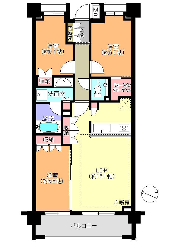 Floor plan. 3LDK, Price 57,800,000 yen, Footprint 70 sq m , Balcony area 8.7 sq m