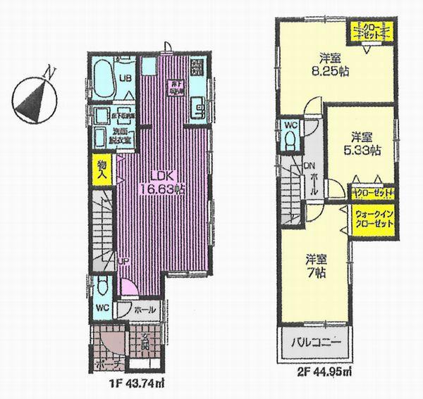 Floor plan. (1 Building), Price 47,800,000 yen, 3LDK, Land area 93.4 sq m , Building area 88.69 sq m