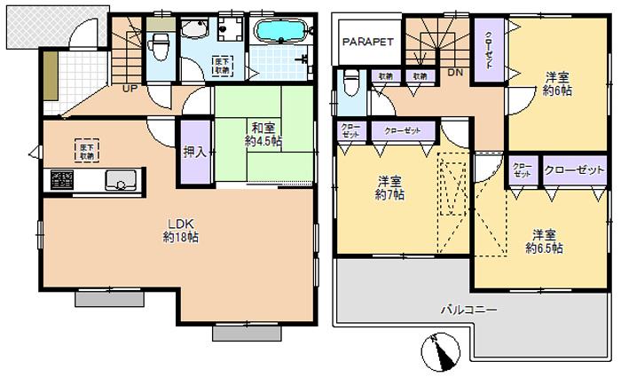 Compartment view + building plan example. Building plan example, Land price 28.8 million yen, Land area 134.57 sq m building reference plan  1F: about 53.46 sq m  2F: about 46.17 sq m Total floor area: about 99.63 sq m Building Price: 17.9 million yen including tax