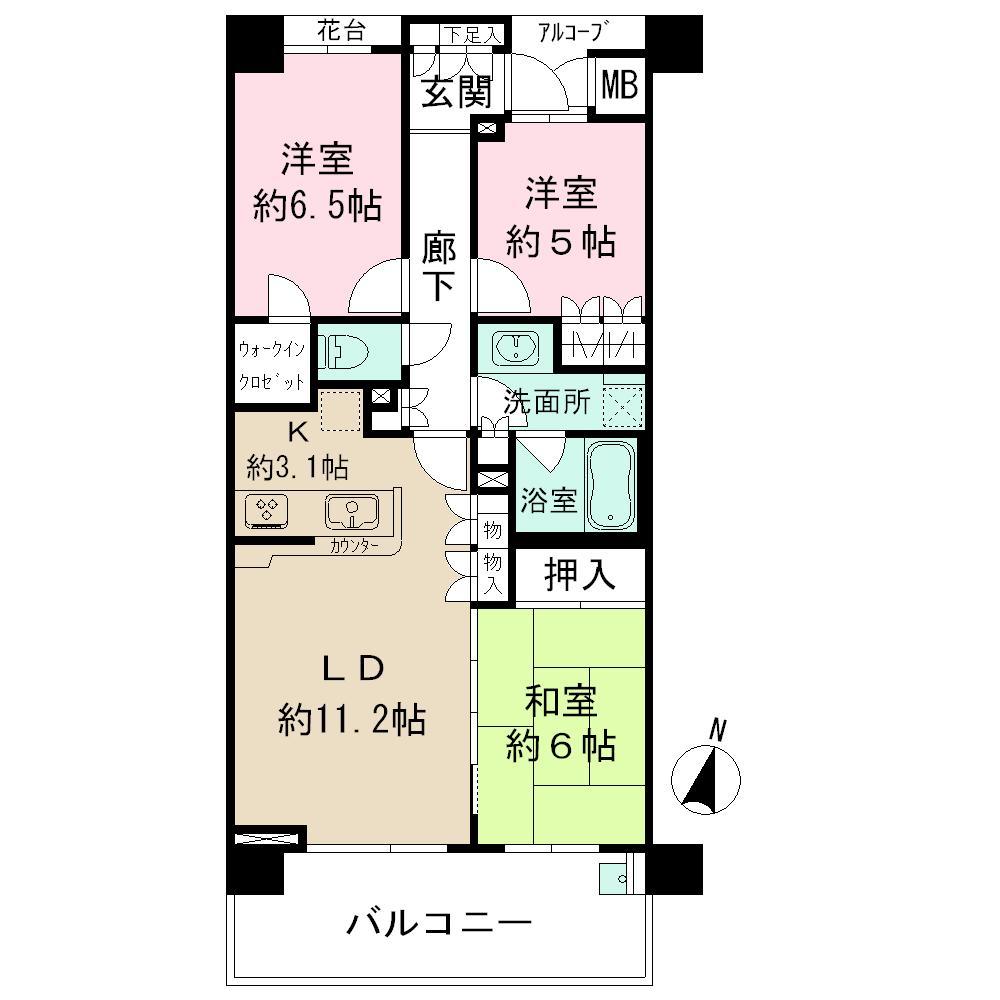 Floor plan. 3LDK, Price 36,800,000 yen, Occupied area 73.64 sq m , Balcony area 12.6 sq m