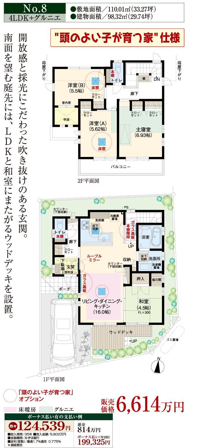 Floor plan. (8 Building "Grow up a good child of the head house" specification), Price 66,140,000 yen, 4LDK, Land area 110.01 sq m , Building area 98.32 sq m
