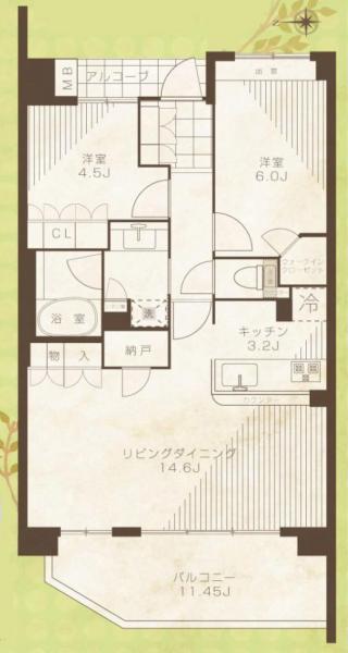 Floor plan. 2LDK, Price 36,200,000 yen, Occupied area 60.66 sq m , Balcony area 11.45 sq m