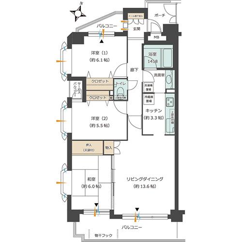 Floor plan. 3LDK, Price 36.5 million yen, Occupied area 75.12 sq m , Balcony area 13.99 sq m
