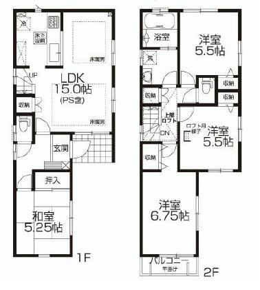 Floor plan. (1 Building), Price 47,800,000 yen, 4LDK, Land area 84.39 sq m , Building area 91.33 sq m