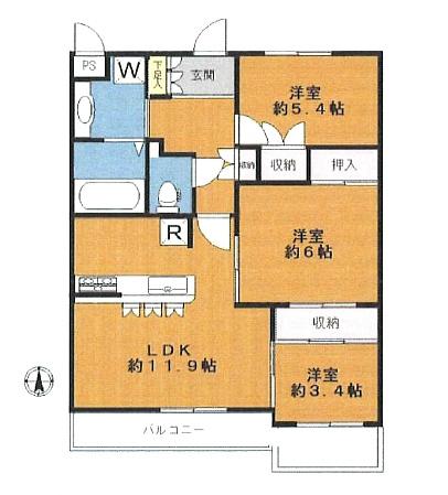 Floor plan. 3LDK, Price 38,800,000 yen, Occupied area 62.67 sq m , Balcony area 8.62 sq m