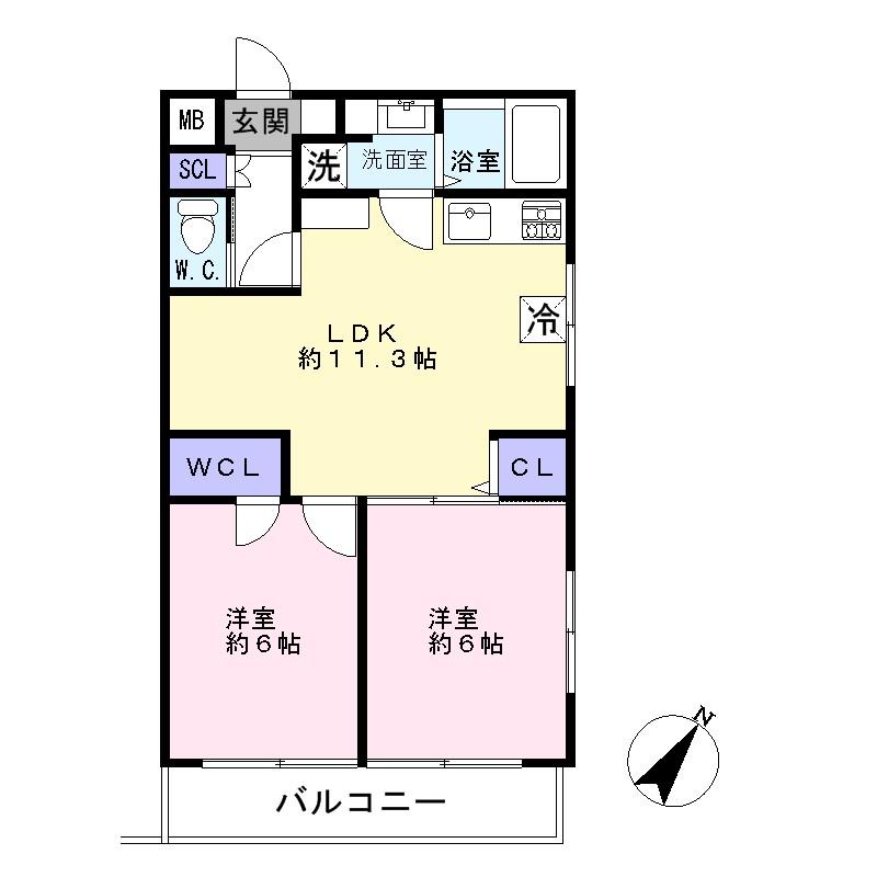 Floor plan. 2LDK, Price 22,900,000 yen, Occupied area 51.84 sq m , Balcony area 5.39 sq m