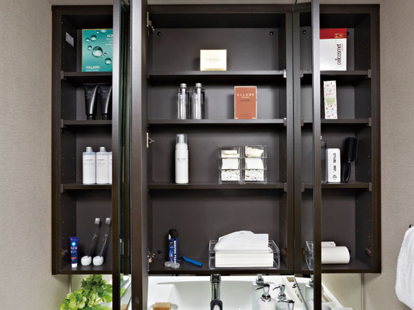 Bathing-wash room.  [Three-sided mirror back storage] Adjustable shelves housing the tissue box was secured just fits depth.