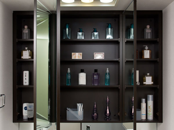 Bathing-wash room.  [Three-sided mirror back storage] Tissue box is adjustable shelves storage that ensures just fits depth.