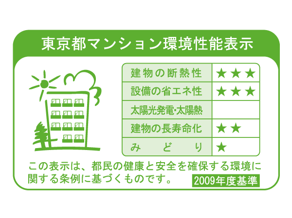 Building structure.  [Tokyo apartment environmental performance display] Based on the efforts of the building environment plan that building owners will be submitted to the Tokyo Metropolitan Government, 5 will be evaluated in three stages for items.  ※ For more information see "Housing term large Dictionary"