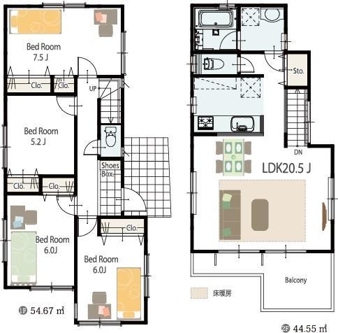 Floor plan. Living 20.5 tatami. By placing all of the room in 1F, 2F is a space of sharing the family gather.