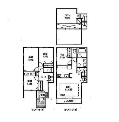 Floor plan. 65,800,000 yen, 4LDK, Land area 90.19 sq m , Building area 98.95 sq m 4LDK + loft