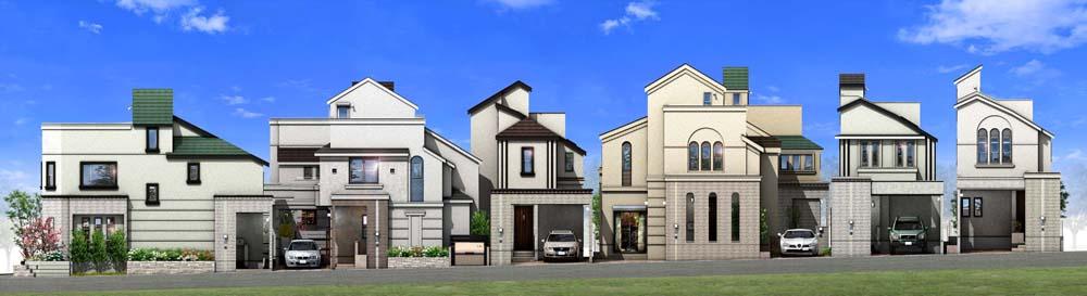 Cityscape Rendering. Even while reducing the roof × outer wall × tile × entrance door etc unity, It does not employ the same combination of design as one. Nor floor plan appearance, Only is a one-of mansion. <Rendering CG>