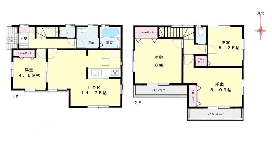 Floor plan. (1 Building), Price 47,800,000 yen, 4LDK, Land area 90.89 sq m , Building area 92.73 sq m