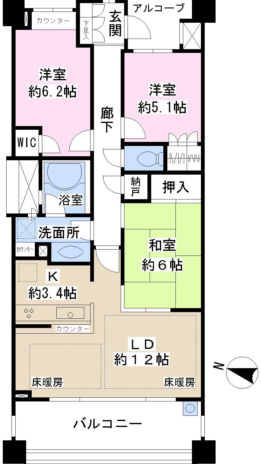 Floor plan. 3LDK, Price 42,500,000 yen, Occupied area 75.81 sq m , Balcony area 12.6 sq m