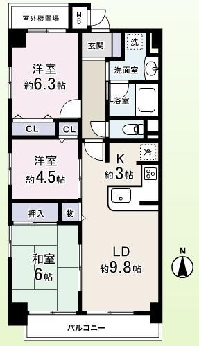 Floor plan. 3LDK, Price 32 million yen, Occupied area 66.04 sq m , Balcony area 6.09 sq m
