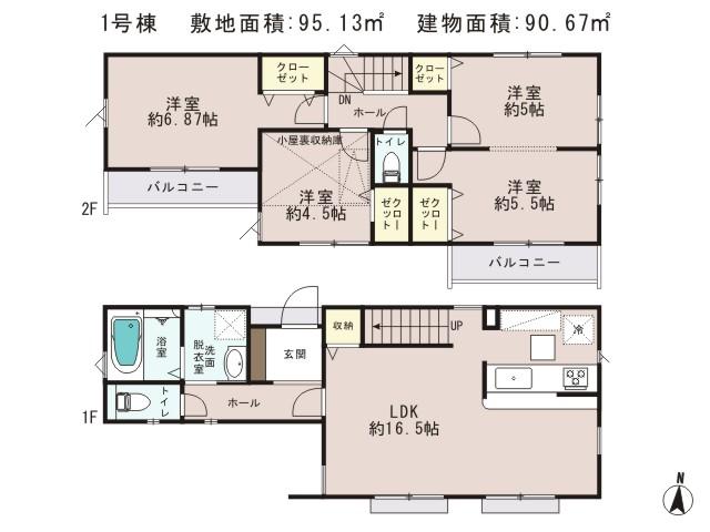 Floor plan. (1 Building), Price 54,800,000 yen, 4LDK, Land area 95.13 sq m , Building area 90.67 sq m