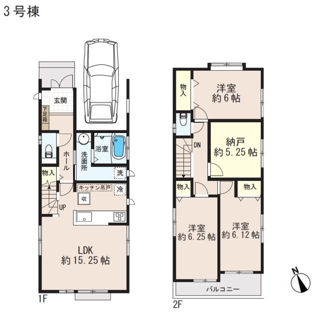 Floor plan. (3 Building), Price 45,800,000 yen, 3LDK+S, Land area 90.73 sq m , Building area 94.19 sq m