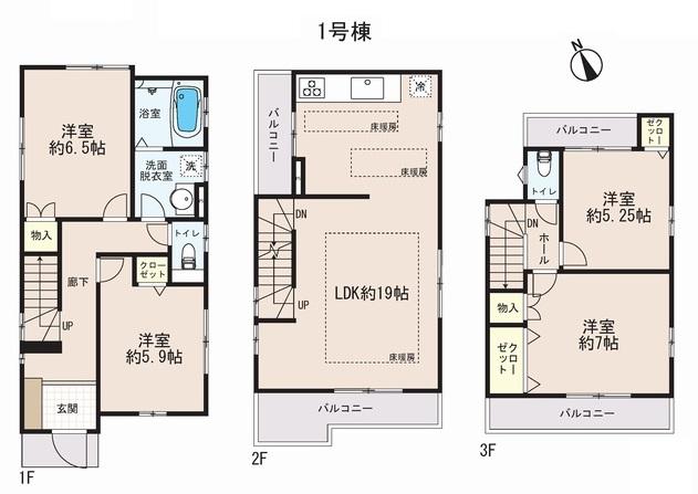 Floor plan. (1 Building), Price 57,800,000 yen, 4LDK+2S, Land area 90.61 sq m , Building area 101.51 sq m
