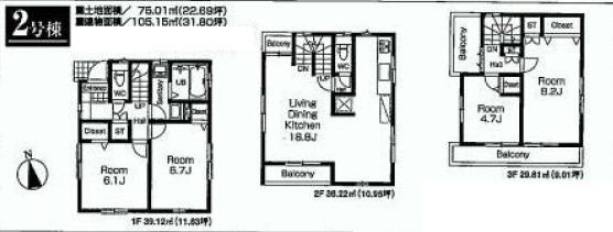 Floor plan. (Building 2), Price 46,800,000 yen, 4LDK, Land area 75.01 sq m , Building area 105.15 sq m