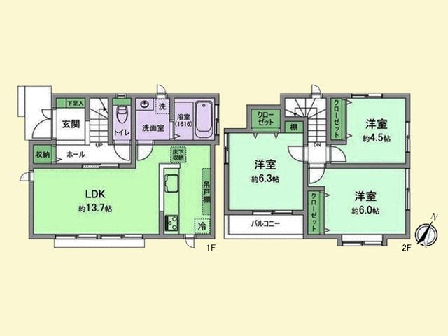 Floor plan. 43,300,000 yen, 3LDK, Land area 108.04 sq m , Easy-to-use floor plan of the building area 73.48 sq m two-story.
