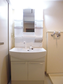 Washroom. Independent wash basin and washing machine inside the room