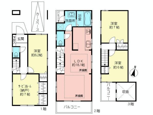 Floor plan. (C Building), Price 57,800,000 yen, 3LDK+S, Land area 76.53 sq m , Building area 109.54 sq m
