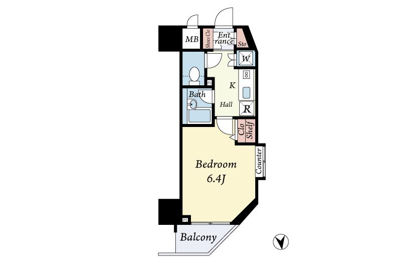 Floor plan. 1K, Price 12.5 million yen, Occupied area 21.73 sq m , Balcony area 1.8 sq m