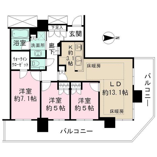 Floor plan. 3LDK, Price 51,800,000 yen, Occupied area 76.34 sq m , 2 side balcony of balcony area 37.65 sq m about 37.65 sq m