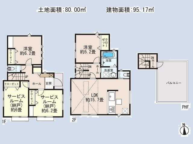 Floor plan. (1 Building), Price 56,800,000 yen, 4LDK, Land area 80 sq m , Building area 95.17 sq m