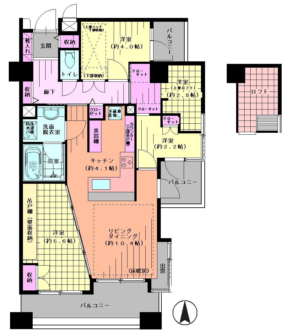Floor plan. 3LDK, Price 39,800,000 yen, Occupied area 68.24 sq m , Balcony area 12.58 sq m Floor