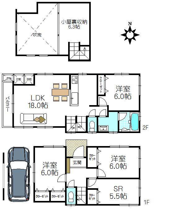 Floor plan. (A Building), Price 56,800,000 yen, 3LDK+S, Land area 76.56 sq m , Building area 97.59 sq m