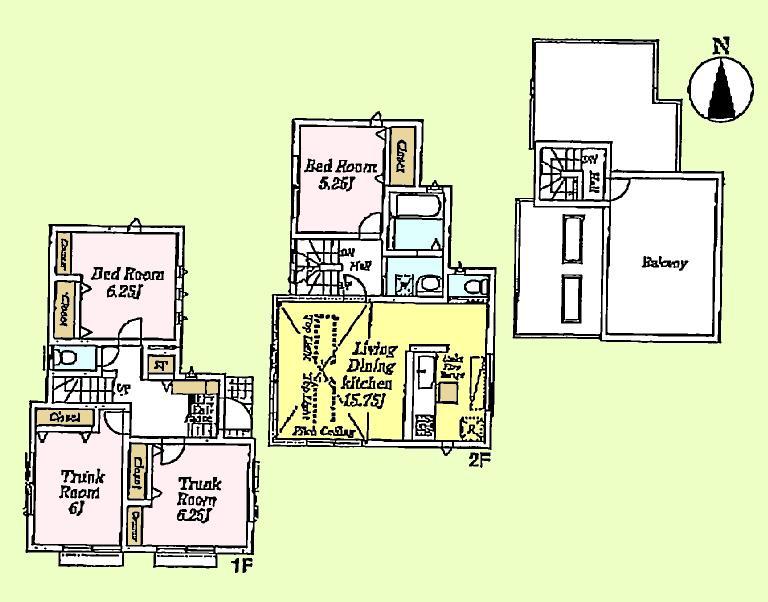 Floor plan. (1 Building), Price 56,800,000 yen, 2LDK+2S, Land area 80 sq m , Building area 95.17 sq m