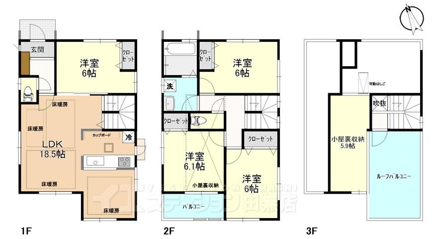 Floor plan. 59,800,000 yen, 4LDK, Land area 104.41 sq m , Large 4LDK of building area 99.9 sq m designer. Floor space is about 100m2, Attic storage and roof balcony is recommended the property, which is also. 