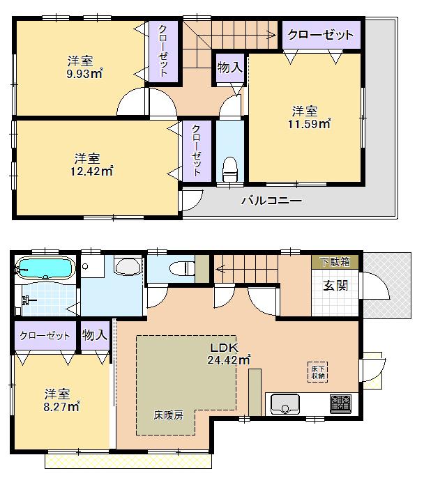 Floor plan. 47,800,000 yen, 4LDK, Land area 98.67 sq m , Large 4LDK of building area 96.05 sq m building area 96.05 sq m. LDK is floor heating equipped, It is available as LDK about 19 pledge by removing the sliding door of 1F More Western-style!
